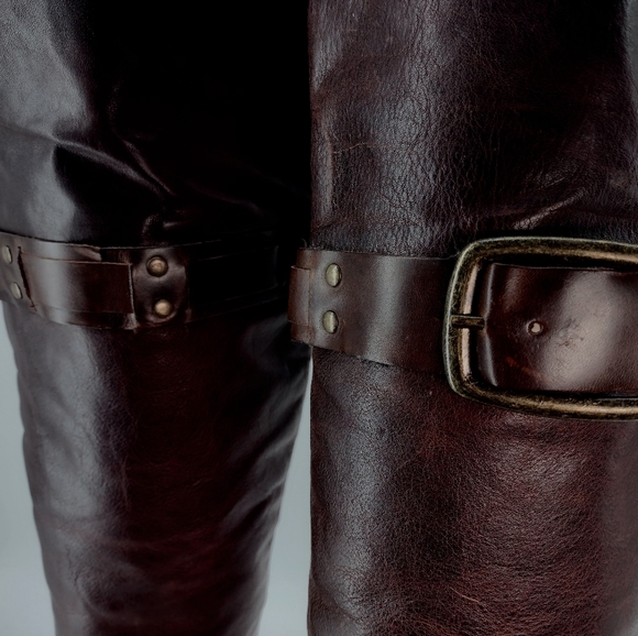 RUSTIC "Clancy" DISTRESSED REDDISH BROWN OVER KNEE BOOTS STRAPPED w BUCK… - Picture 6 of 13